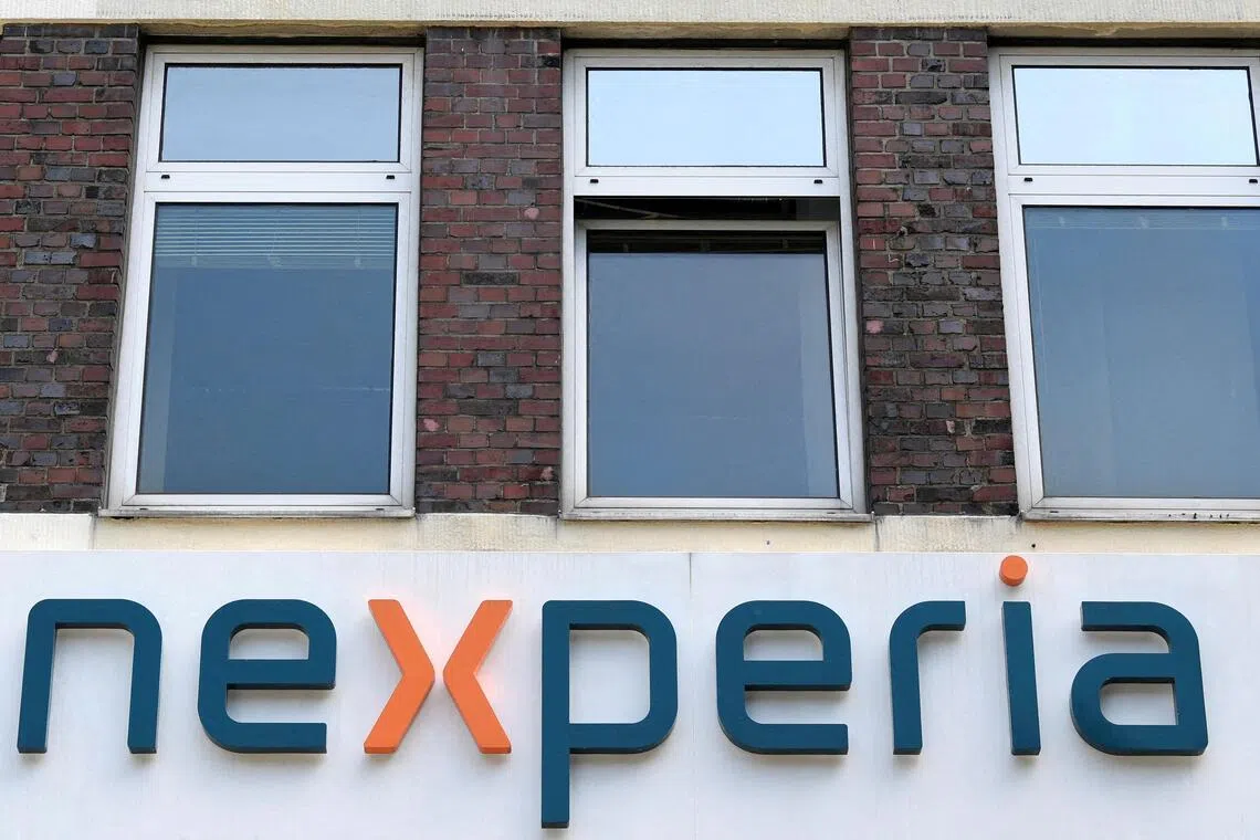 FILE PHOTO: The logo of Chinese-owned semiconductor company Nexperia is pictured in Hamburg, Germany, June 27, 2024. REUTERS/Fabian Bimmer/File Photo