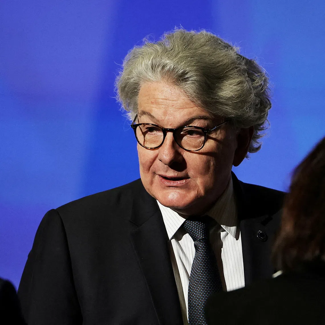 FILE PHOTO: European Commissioner for Internal Market Thierry Breton looks on before French President Emmanuel Macron's speech on Europe in the amphitheatre of the Sorbonne University in Paris, France, 25 April 2024. Christophe Petit Tesson/Pool via REUTERS/File Photo