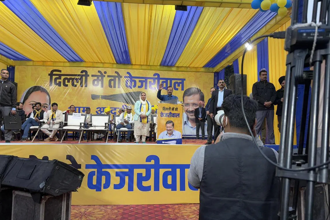 ngdelhi - Former Delhi chief minister and leader of the Aam Aadmi Party Arvind Kejriwal addresses an election rally in Trilokpuri in east Delhi on January 22.

ST PHOTO: NIRMALA GANAPATHY