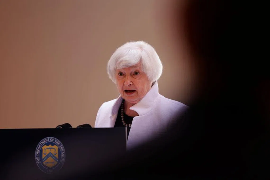 FILE PHOTO: U.S. Secretary of Treasury Janet Yellen holds a news conference at the Museum of the Water Civilization in Morocco on the third day of the International Monetary Fund and World Bank annual meeting, in Marrakech, Morocco, October 11, 2023. REUTERS/Susana Vera/File Photo