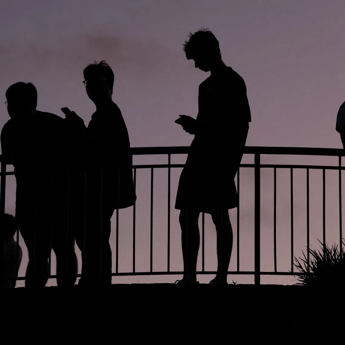 People use their mobile phones, ahead of new law banning social media for users under 16 in Australia, at dusk in Brisbane, Australia, December 8, 2025. REUTERS/Hollie Adams