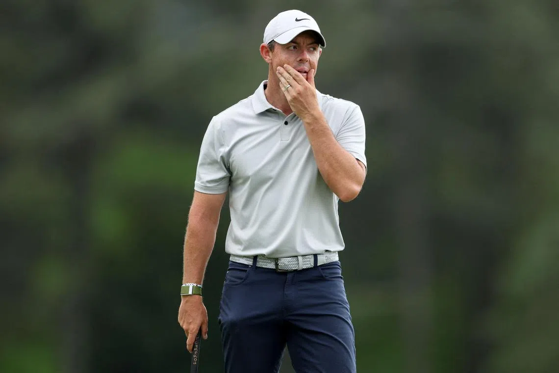 Rory McIlroy of Northern Ireland reacting to a putt on the 18th green during the second round of the 2023 Masters Tournament at Augusta National Golf Club on April 7 in Augusta, Georgia. He missed the cut and in the aftermath took a break from golf to focus on his “mental and emotional well-being”. 