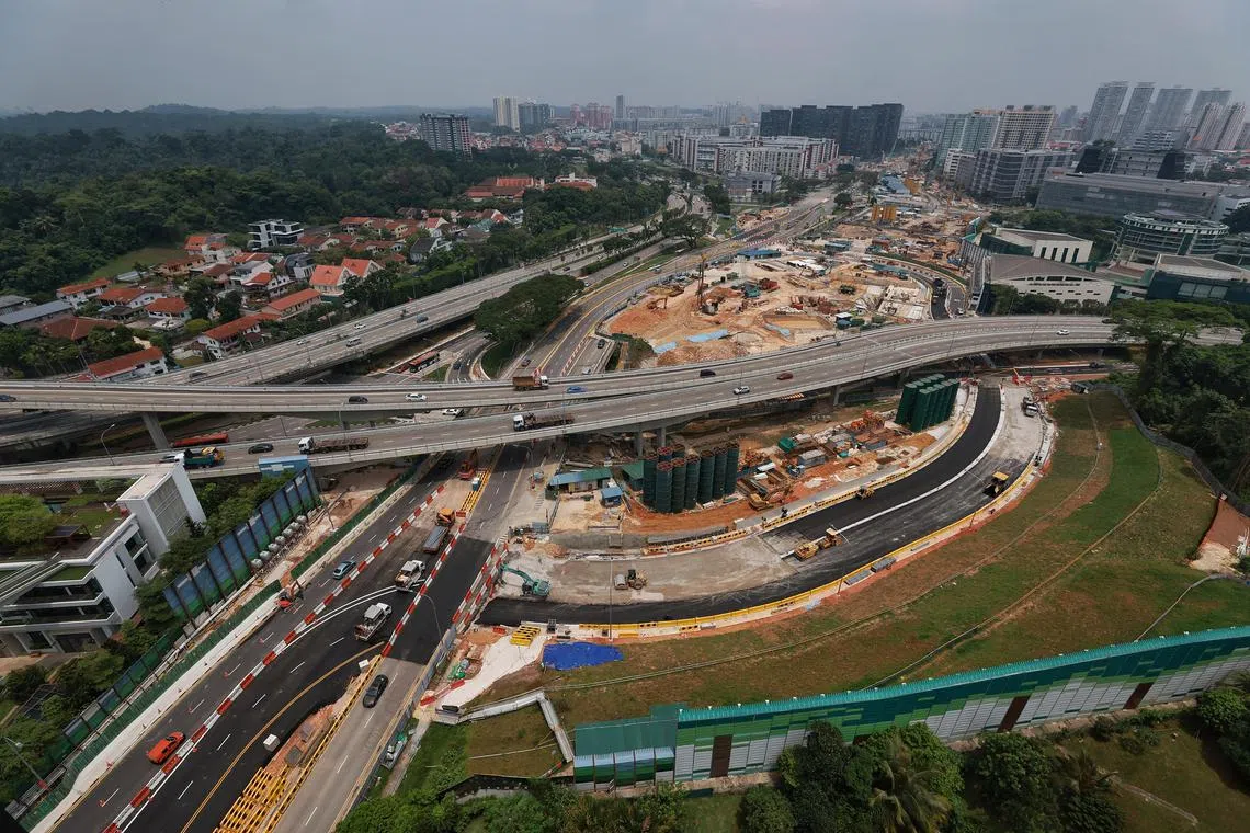 The existing Marymount flyover (leading in from bottom left of picture) and a diversion from Marymount Road to a new road that intersects with Braddell Road (to the right of picture) as seen on Oct 4, 2023. Lornie Highway runs horizontally across the picture. To facilitate the construction of the North-South Corridor (#NSC) tunnel in the Marymount area, the existing Marymount Flyover will be closed to traffic from 8 Oct 2023 onwards.