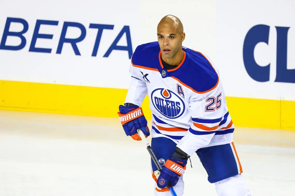 Nov 3, 2024; Calgary, Alberta, CAN; Edmonton Oilers defenseman Darnell Nurse (25) skates during the warmup period against the Calgary Flames at Scotiabank Saddledome. Mandatory Credit: Sergei Belski-Imagn Images/ File Photo