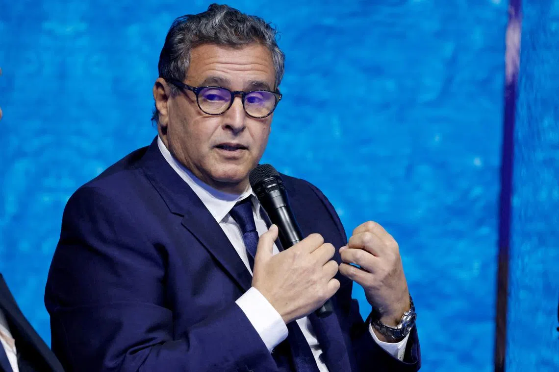 FILE PHOTO: Morocco's Prime Minister Aziz Akhannouch speaks during the High Level Segment session of the One Ocean Summit (OOS) in Brest, France February 11, 2022. Ludovic Marin/Pool via REUTERS/File Photo