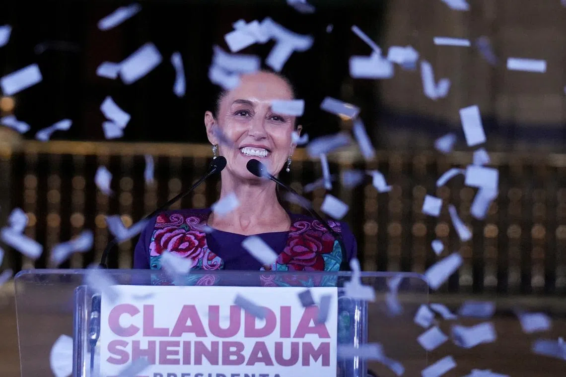 Presidential candidate of the ruling Morena party Claudia Sheinbaum, reacts while addressing her supporters after winning the presidential election, at Zocalo Square in Mexico City, Mexico June 3, 2024. REUTERS/Alexandre Meneghini, File Photo