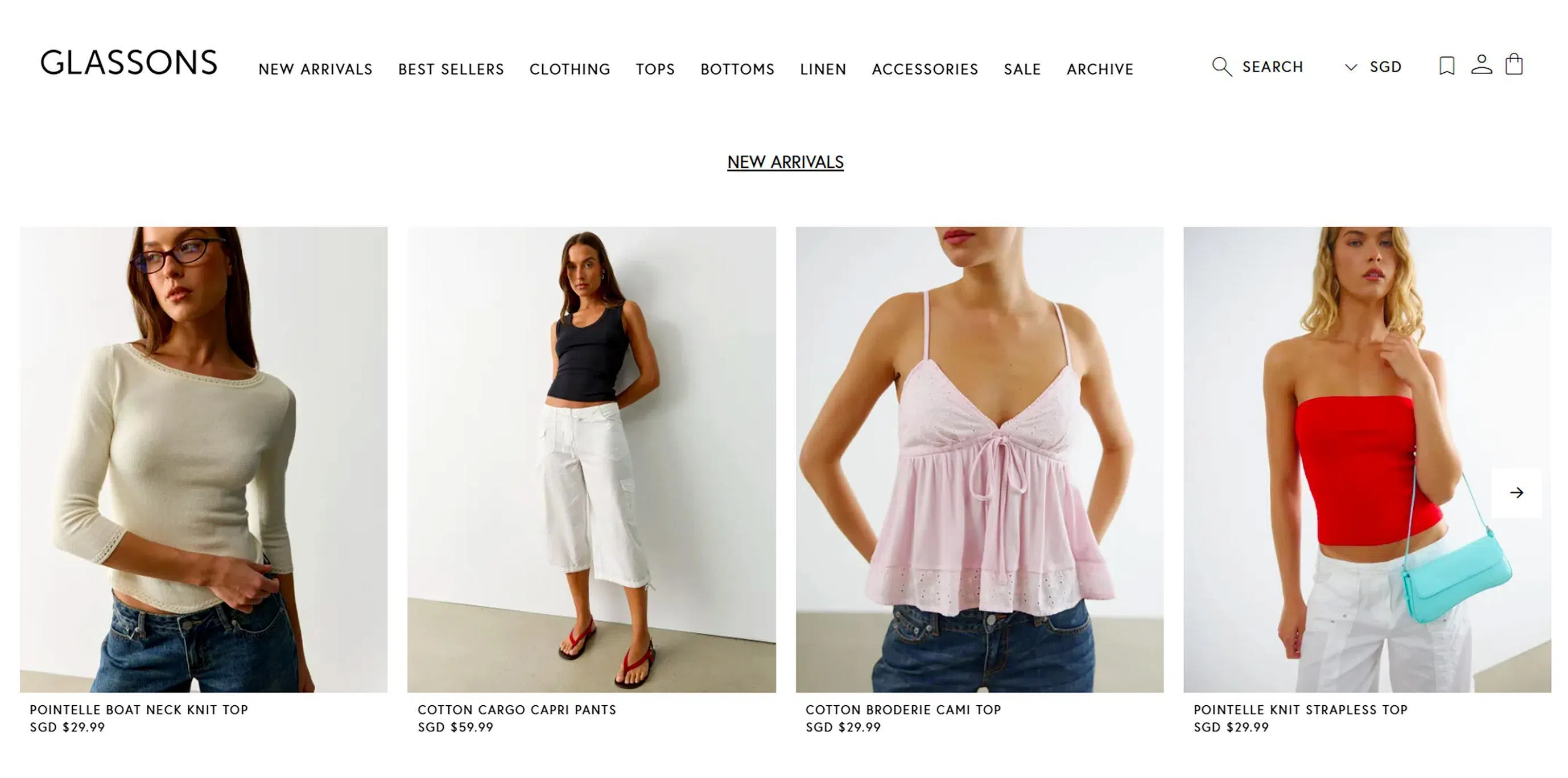 New arrivals on Glassons’ Singapore online store, such as knit tops and cami tops, cost $29.99 each.