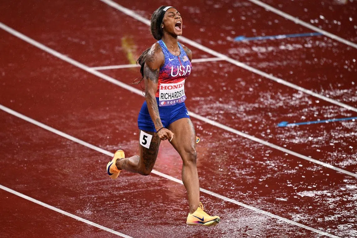 FILE PHOTO: World Athletics Championships Tokyo 2025 - Women's 4 x 100m Relay Final - Japan National Stadium, Tokyo, Japan - September 21, 2025  Sha'Carri Richardson of the U.S. celebrates after crossing the finish line to win the final. REUTERS/Dylan Martinez/File Photo