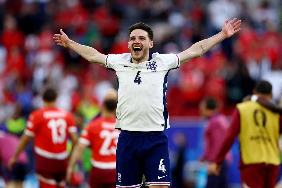 England's Declan Rice celebrating their win over Switzerland, on July 6.