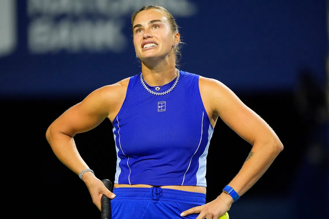 Aug 8, 2026; Toronto, Ontario, Canada; Aryna Sabalenka looks to the fans during a set against Ekaterina Alexandrova (not pictured) during the fourth round at the National Bank Open at Sobeys Stadium. Mandatory Credit: John E. Sokolowski-Imagn Images