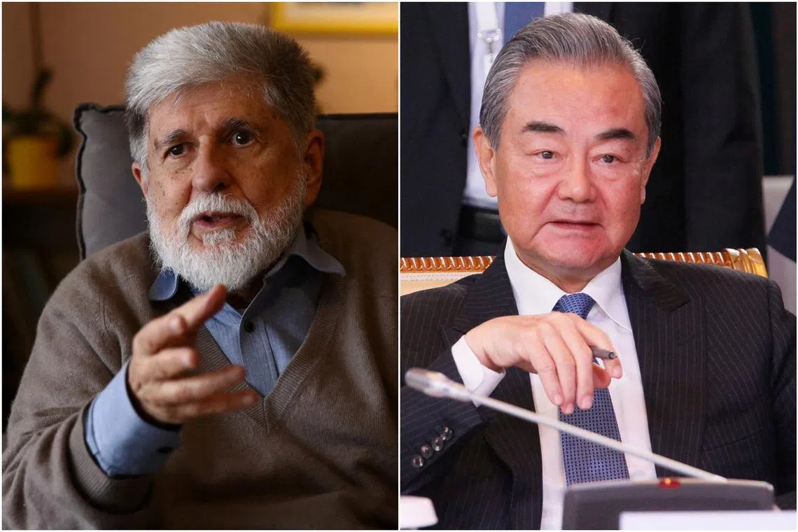 The joint statement was signed by Celso Amorim (left), a special advisor to Brazilian President Luiz Inacio Lula da Silva, and Chinese Foreign Minister Wang Yi.