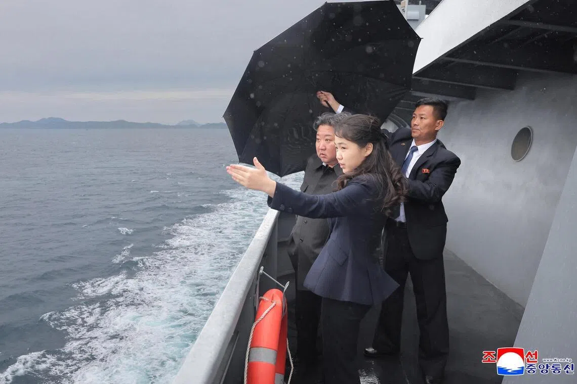 North Korean leader Kim Jong Un and his daughter Kim Ju Ae on the naval vessel Kang Kon to supervise its navigation test in this photo released by the Korean Central News Agency on June 6, 2026.   