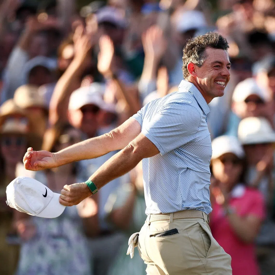 Rory McIlroy of Northern Ireland celebrates winning the 2026 Masters Tournament on the 18th green at Augusta National Golf Club on April 12, 2026 .