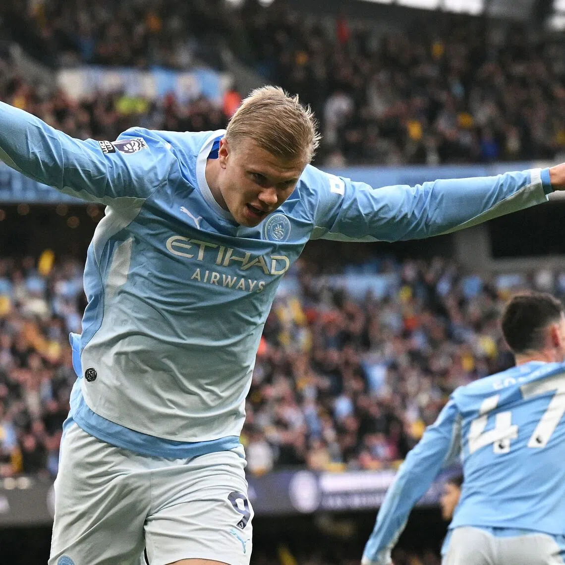 Manchester City’s Erling Haaland celebrates scoring the team’s third goal during the English Premier League football match against Ipswich Town on Oct 17.