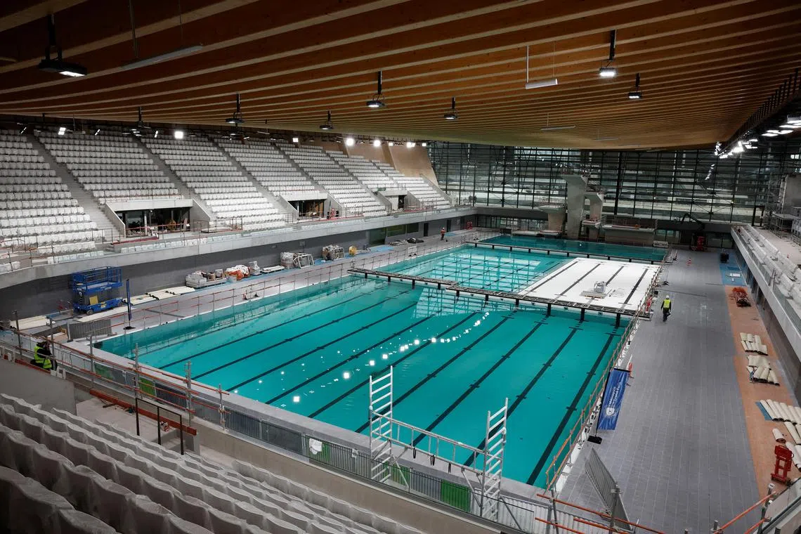A view shows a swimming pool which is under construction at the Olympic Aquatics Centre for the 2024 Paris Games.