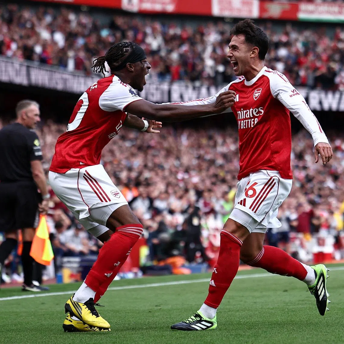 Arsenal's Martin Zubimendi (right) celebrating with Noni Madueke after scoring their first goal in the 3-0 win over Nottingham Forest on Sept 13.