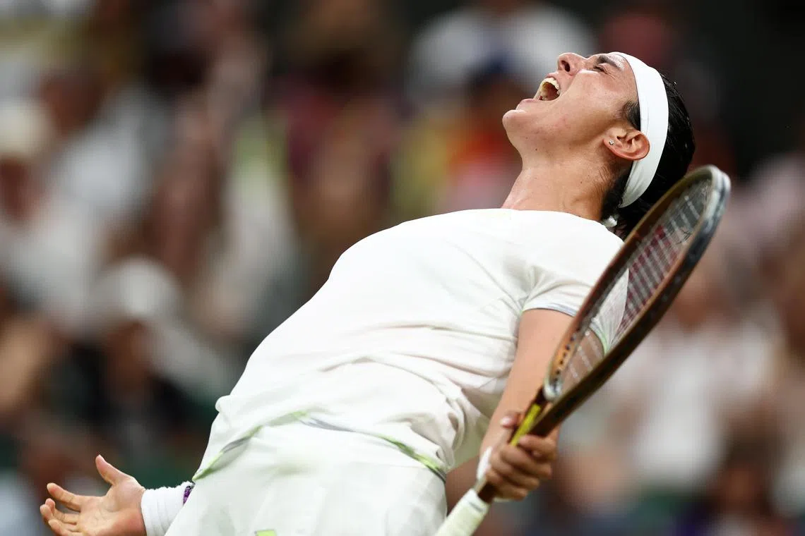 Last year's runner-up Ons Jabeur celebrates her 3-6 6-4 6-3 victory over former Grand Slam champion Bianca Andreescu.
