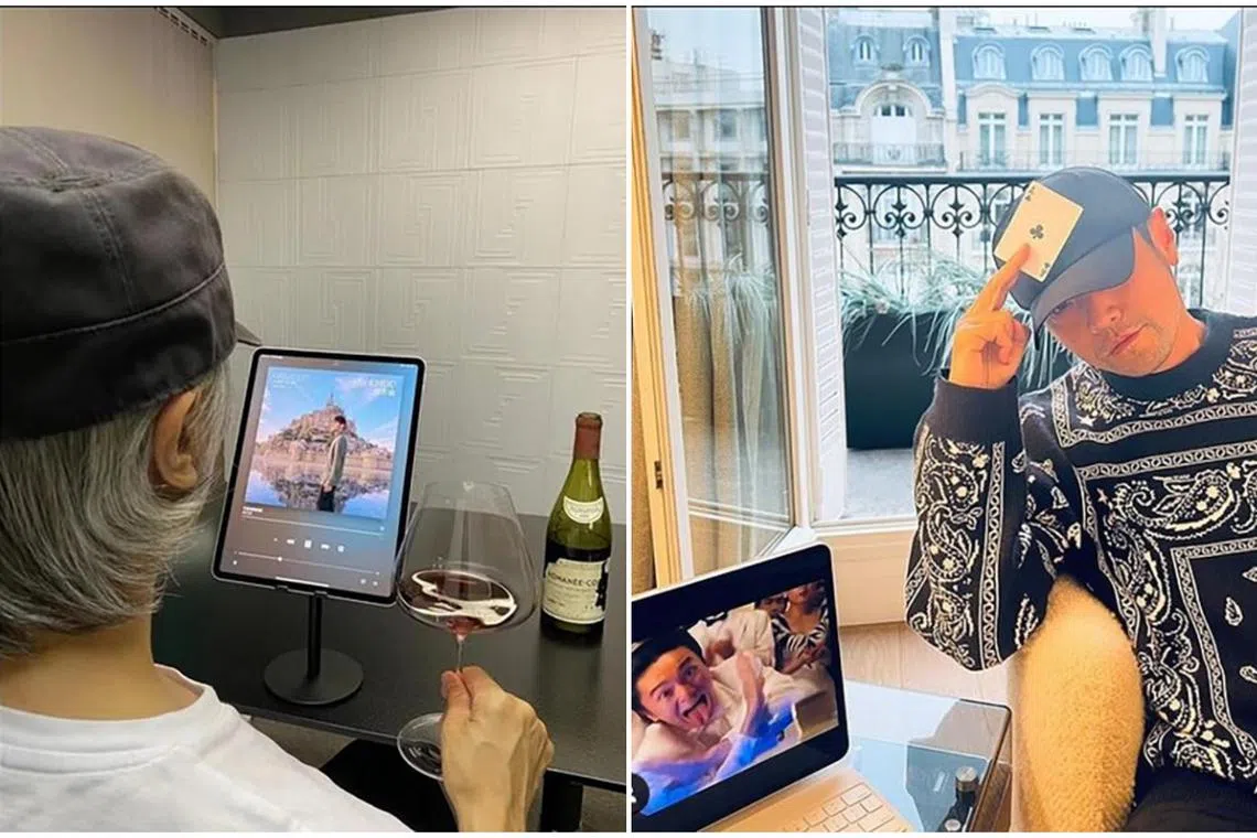 Stephen Chow posted on social media a photo of him listening to Jay Chou's songs (left) while Chou reacted with photo of him with Chow's movie.