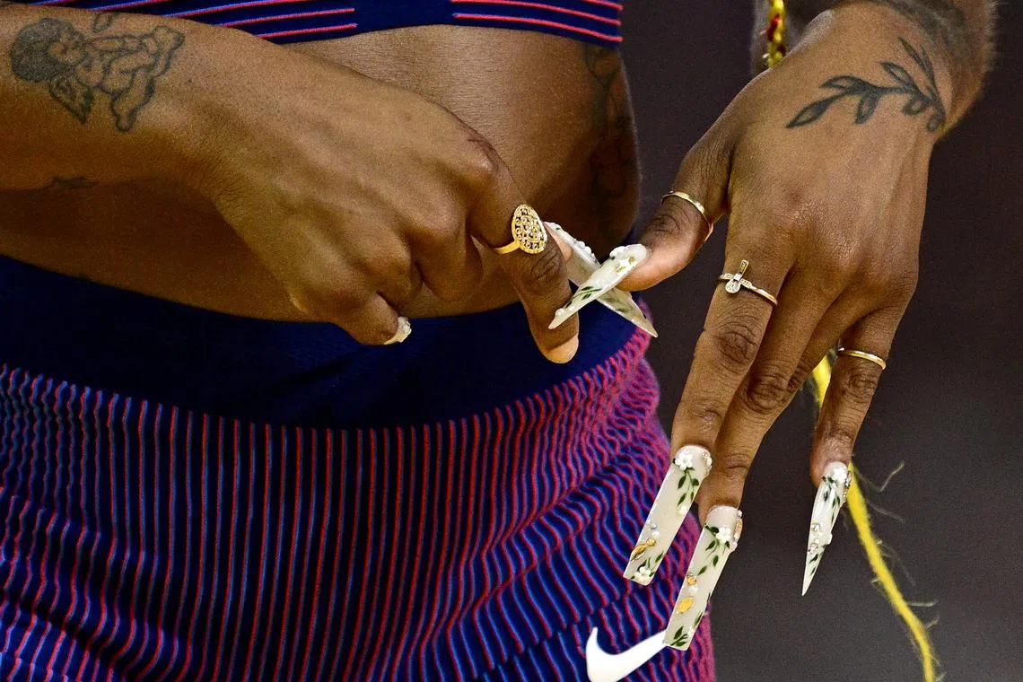 Decorated fingernails of Sha'Carri Richardson of the USA pictured after competing in the Women's 200m semi-final at the World Athletics Championships in Budapest, Hungary, Aug, 24.