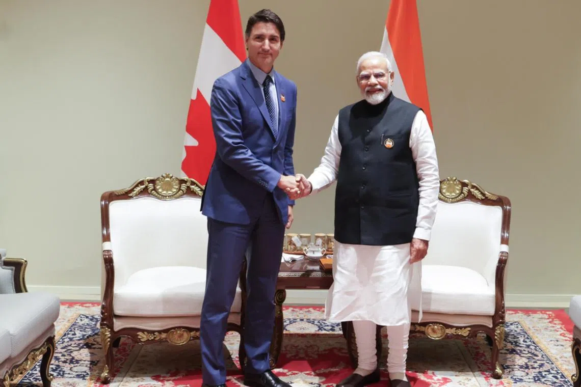 Indian Prime Minister Narendra Modi met Canadian Prime Minister Justin Trudeau on the sidelines of the G-20 summit in New Delhi on Sept 10.