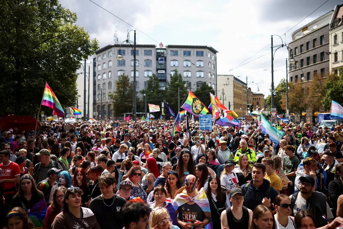 Revellers attend the annual Christopher Street Day (CSD) LGBTQ+ Pride demonstration, in Magdeburg, Germany, August 22, 2026. REUTERS/Liesa Johannssen