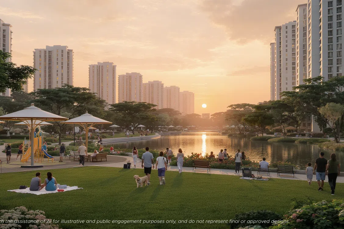 An artificial intelligence-generated image of the future housing estate at the Singapore Racecourse in Kranji.