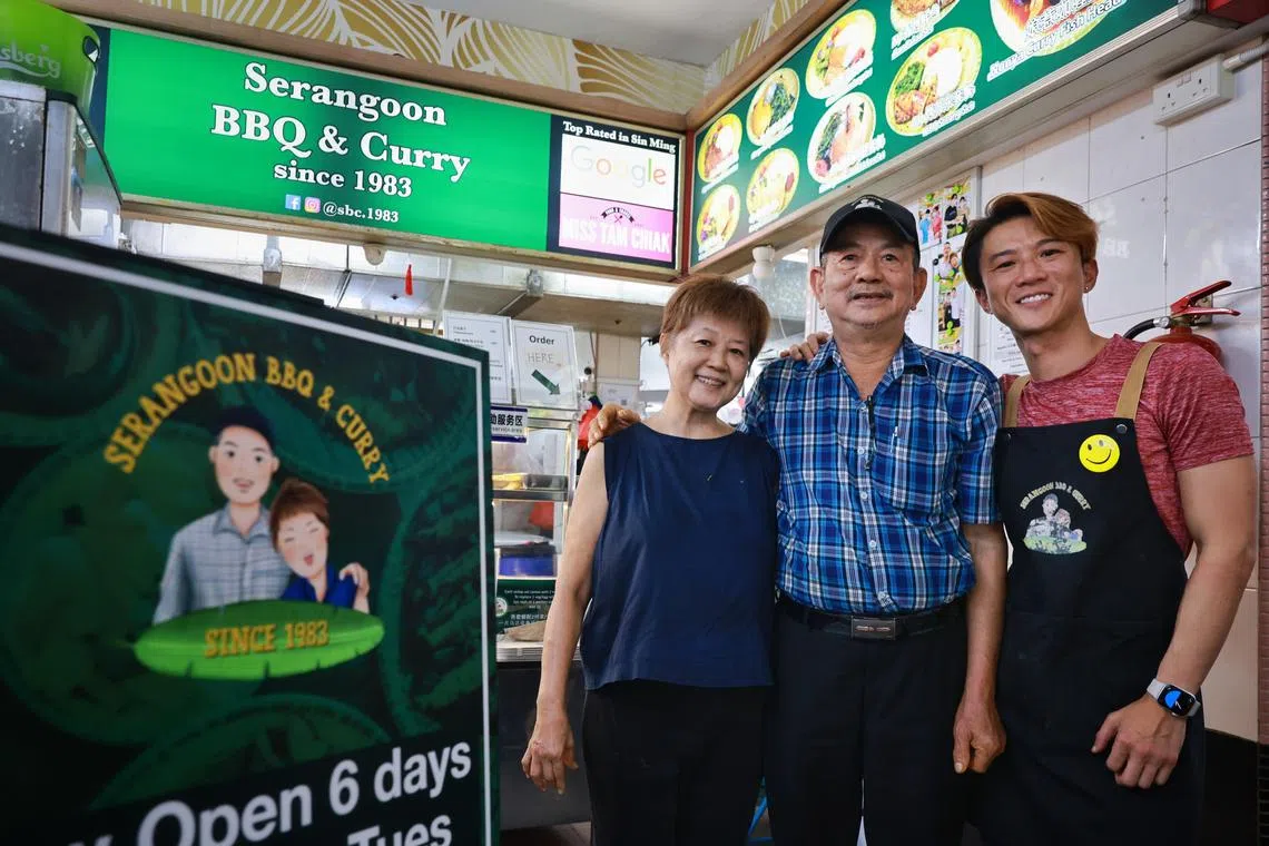 Mr Eugene Tan (right) runs Serangoon BBQ & Curry with his parents, Mr Tan Tiam Bock, and Madam Cheong Chiew Leng.