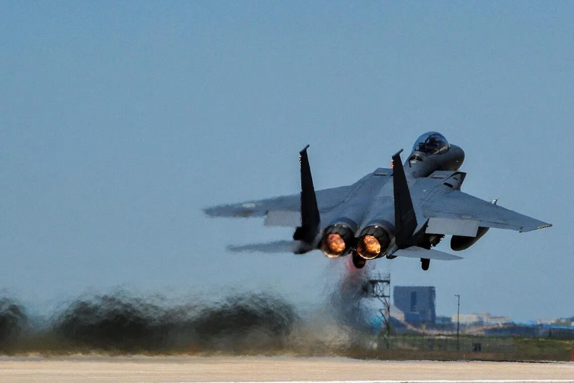 A Republic of Korea Air Force F-15K Slam Eagles fighter plane takes off during Exercise Max Thunder 17 at Gunsan Air Base in South Korea.