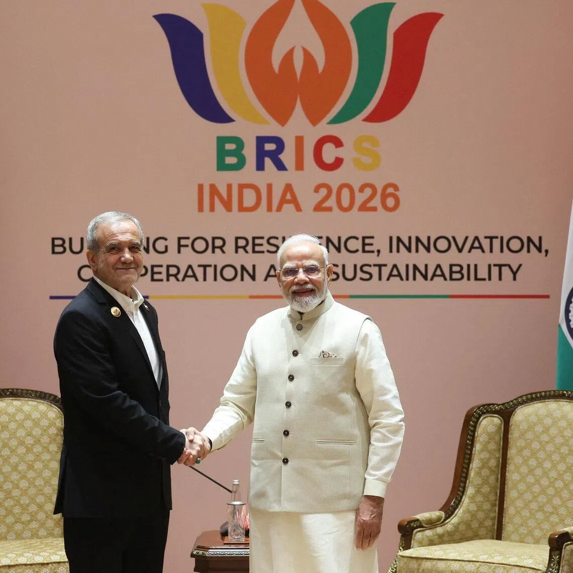Iranian President Masoud Pezeshkian (right) meeting Indian Prime Minister Narendra Modi ahead of BRICS Summit in New Delhi, India, on Sept 11.