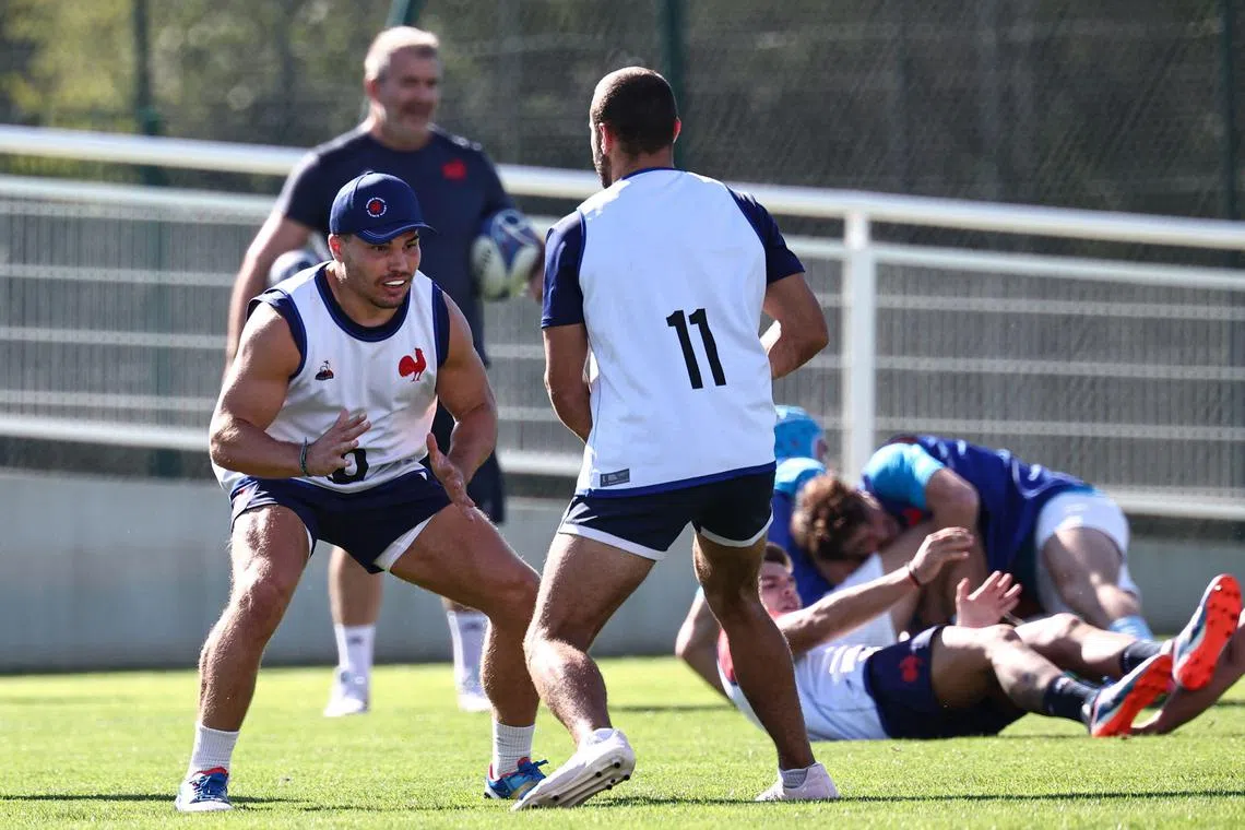 France scrum-half Antoine Dupont, the team's captain and talisman, takes part in a training session at the Stade du Parc in Rueil-Malamaison, near Paris.