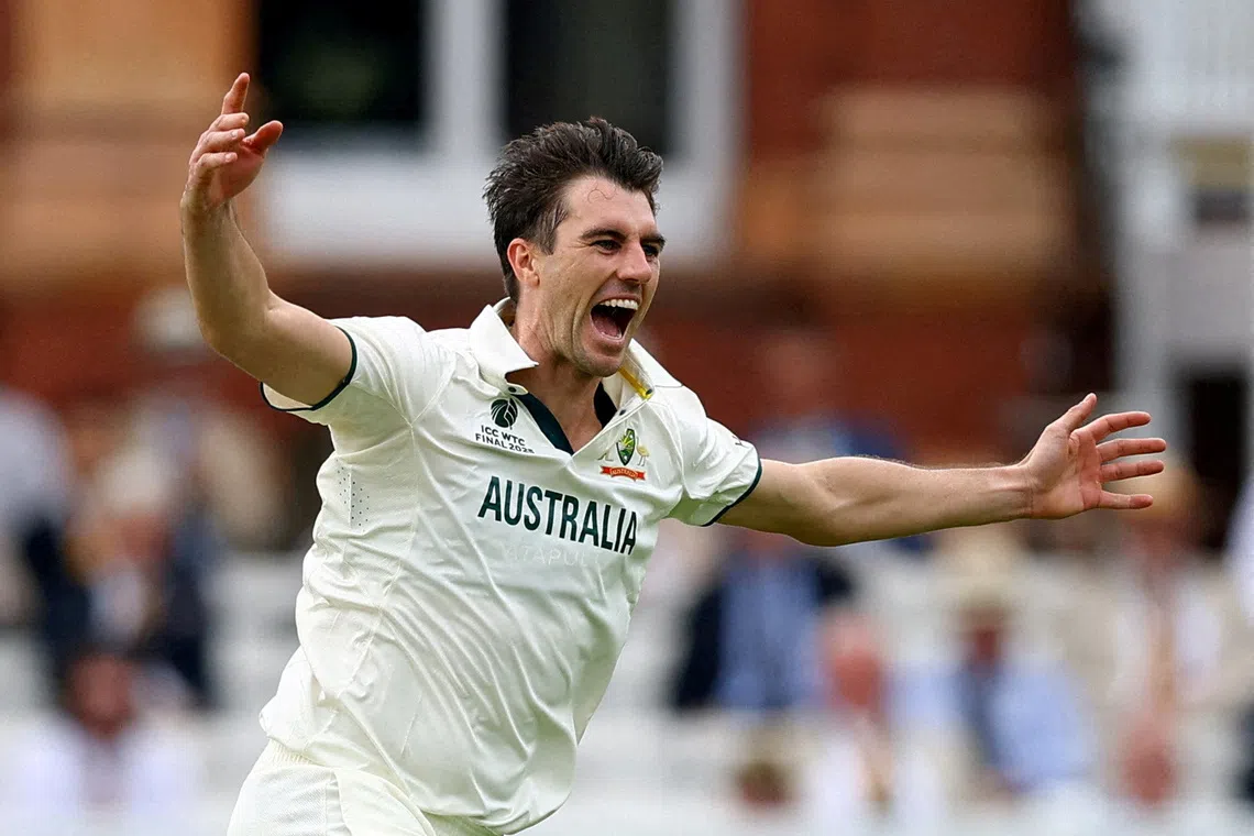 FILE PHOTO: Cricket - 2025 ICC World Test Championship Final - South Africa v Australia - Lord's Cricket Ground, London, Britain - June 12, 2025 Australia's Pat Cummins celebrates after taking the wicket of South Africa's Temba Bavuma, caught out by Marnus Labuschagne Action Images via Reuters/Andrew Boyers/File Photo