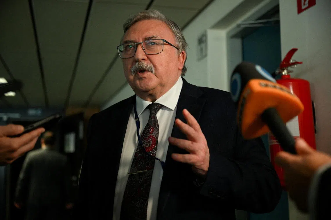Russia's Permanent Representative to International Organisations in Vienna, Mikhail Ulyanov, speaks to the media on the sidelines of a meeting of the IAEA Board of Governors in Vienna, Austria, June 5, 2026. REUTERS/Elisabeth Mandl