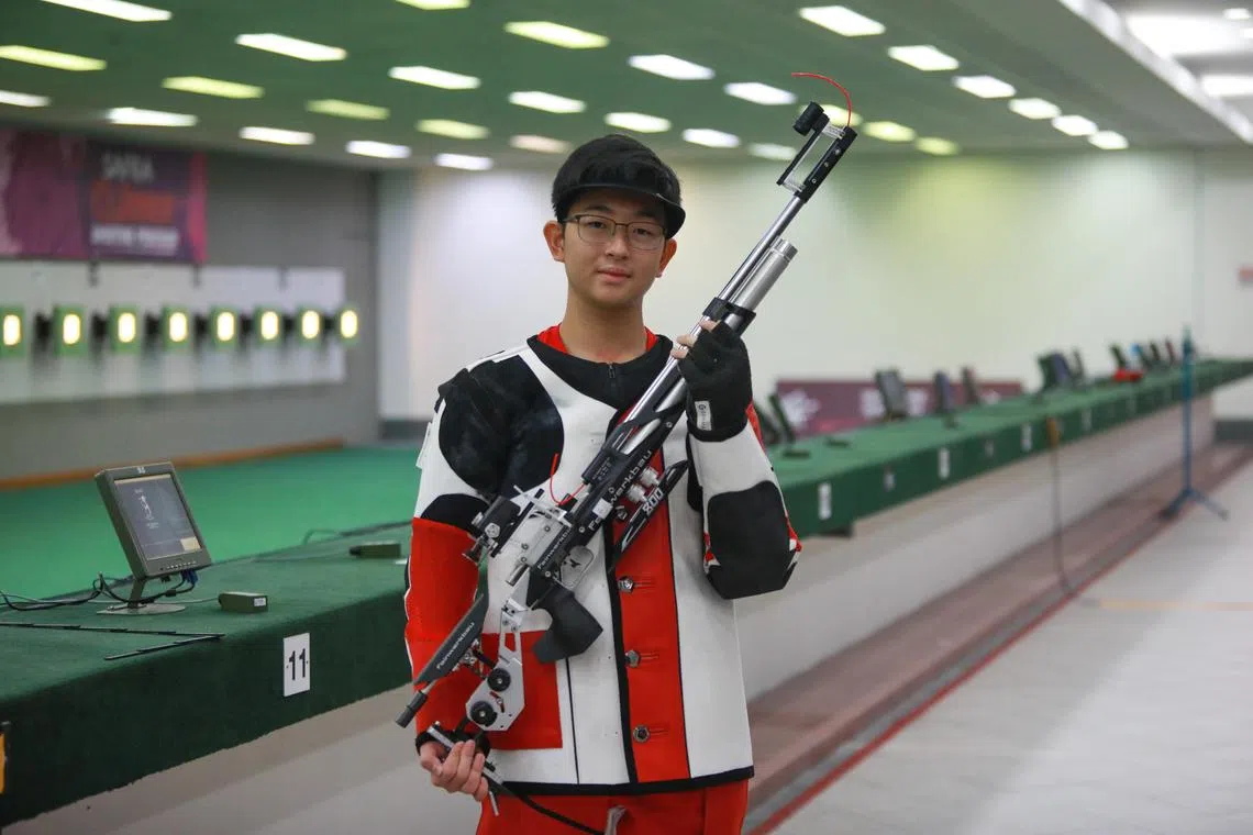 ST20230331_202333527916/klshoot31/Ryan Chiong
Irvin Yeoh, 16, of Hwa Chong Institution after winning the gold medal for the National School Games B Division finals for Shooting in the Men's 10m Air Rifle category, held in the indoor shooting range at SAFRA Yishun on March 31, 2023.