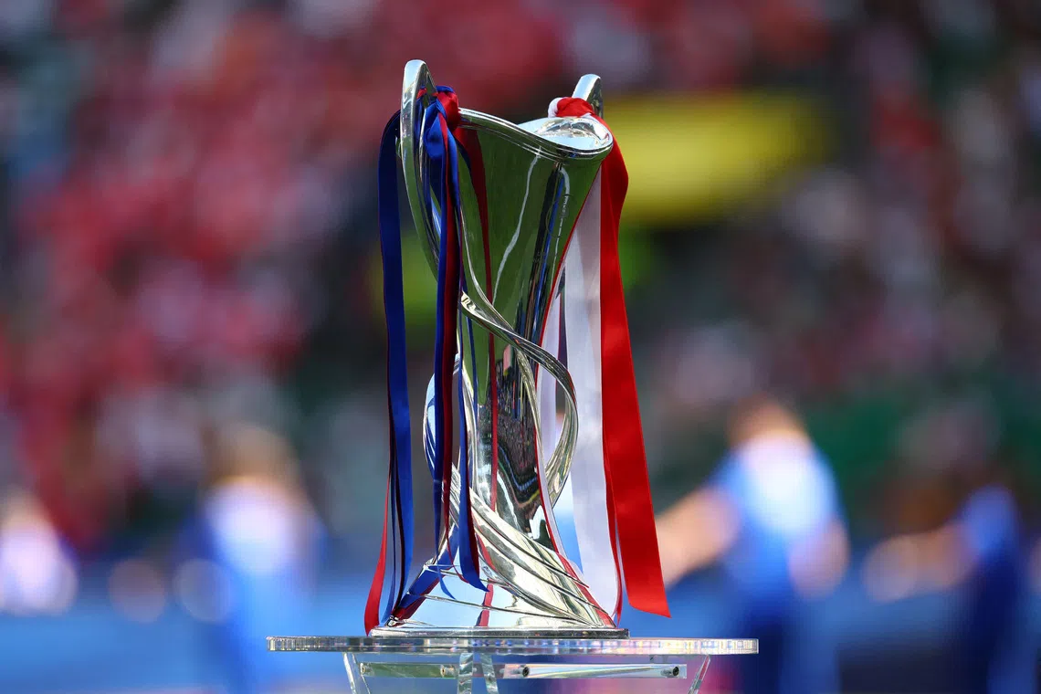 FILE PHOTO: Soccer Football - Women's Champions League - Final - Arsenal v FC Barcelona - Estadio Jose Alvalade, Lisbon, Portugal - May 24, 2025 General view of the Women's Champions League trophy on display inside the stadium before the match REUTERS/Pedro Nunes/ File Photo