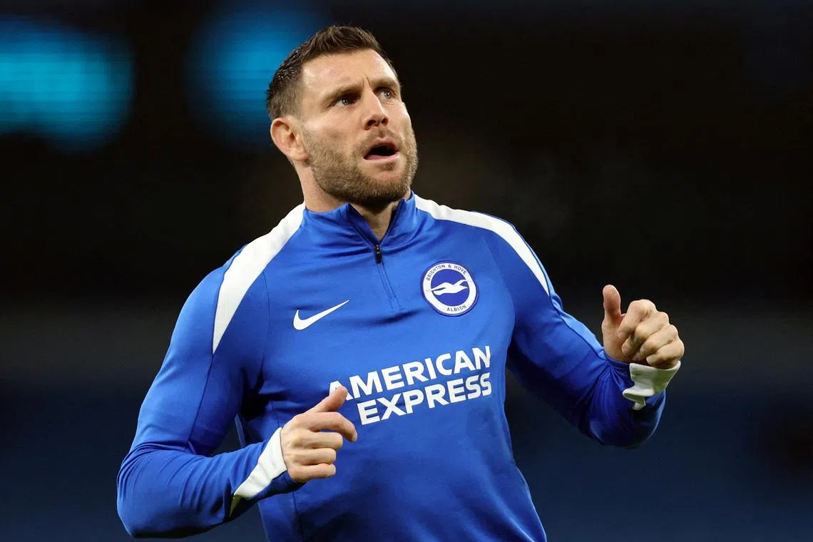 FILE PHOTO: Soccer Football - Premier League - Manchester City v Brighton & Hove Albion - Etihad Stadium, Manchester, Britain - January 7, 2026  Brighton & Hove Albion's James Milner during the warm up before the match REUTERS/Chris Radburn/File Photo