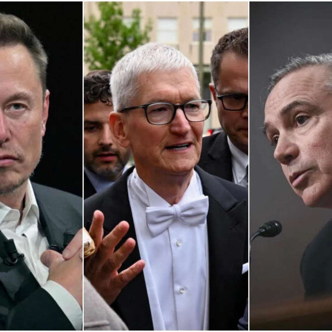 (From left) Tech mogul Elon Musk, Apple’s Tim Cook, and Boeing’s Kelly Ortberg are set to join US President Donald Trump on his visit to China this week.