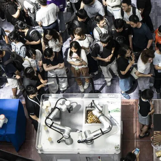 In China, the AI threat isn't confined to white collar work. Service robots like this on display at the World Artificial Intelligence Conference in Shanghai last year also threaten the jobs of gig workers.