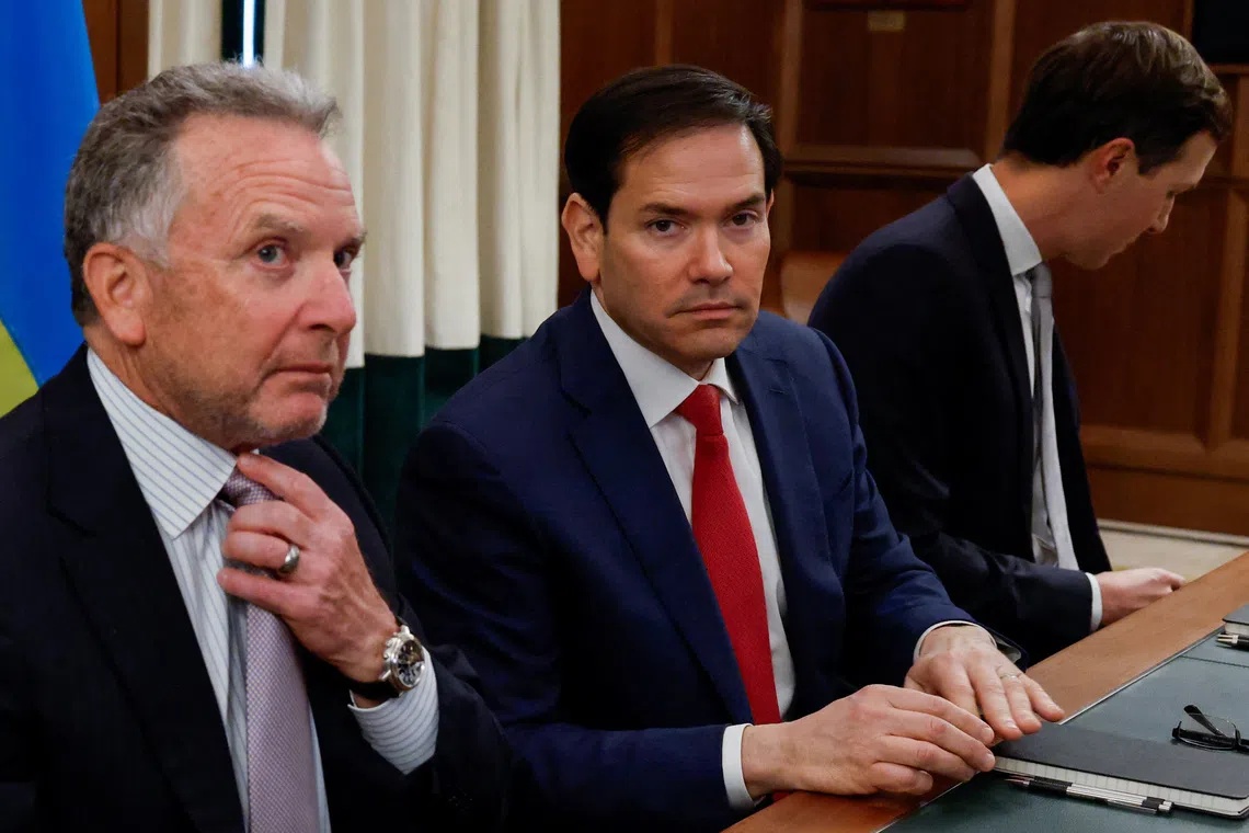 US Secretary of State Marco Rubio, US Special Envoy Steve Witkoff, and US President Donald Trump's son-in-law Jared Kushner meeting with a Ukrainian delegation in Hallandale Beach, Florida.