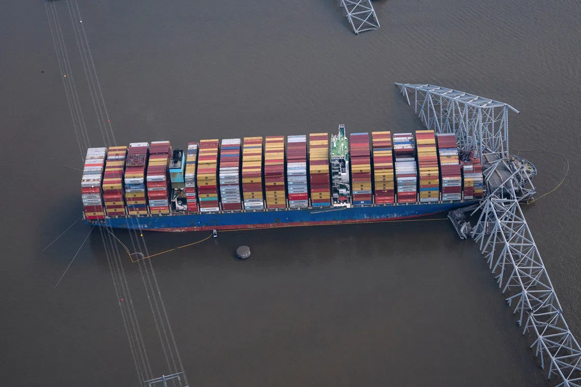 View of the Dali cargo vessel which crashed into the Francis Scott Key Bridge causing it to collapse in Baltimore, Maryland, U.S., April 4, 2024. REUTERS/Nathan Howard