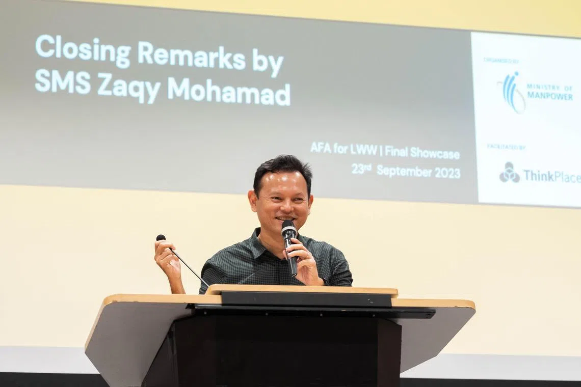 lhafa23 - ST20230923_202381996136 Brian Teo. Senior Minister of State Zaqy Mohamad addressing the audience during the final showcase for the Alliance for Action for Lower-Wage Workers (AfA for LWW) at the Lifelong Learning Institute on 23 September 2023.