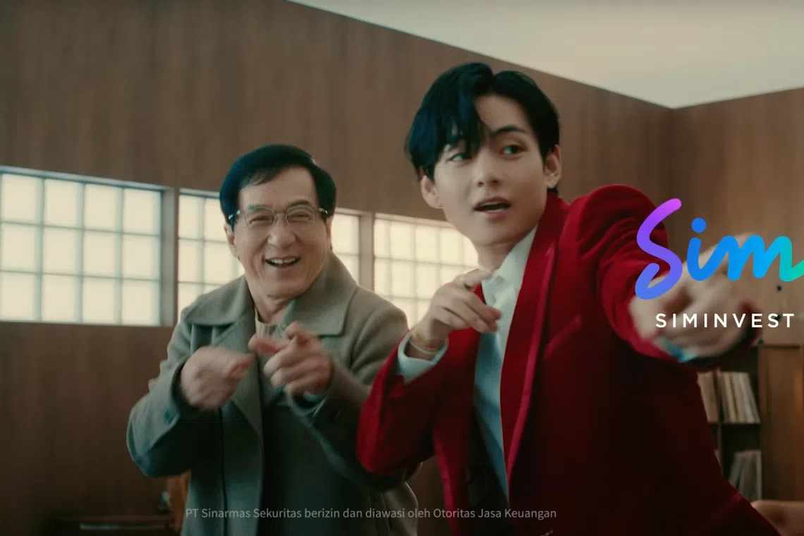 Hong Kong action star Jackie Chan teamed up with K-pop idol V from BTS for a commercial for SimInvest, an Indonesian investment company. 
