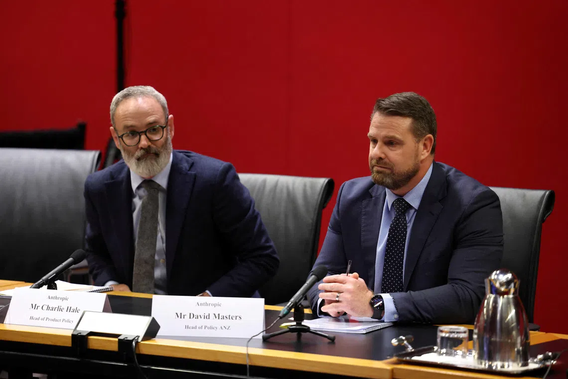 Charlie Hale, Head of Product Policy for Anthropic, and David Masters, Head of Policy ANZ for Anthropic, react during the Joint Select Committee on Artificial Intelligence at the Parliament of New South Wales in Sydney, Australia, October 6, 2026. REUTERS/Hollie Adams