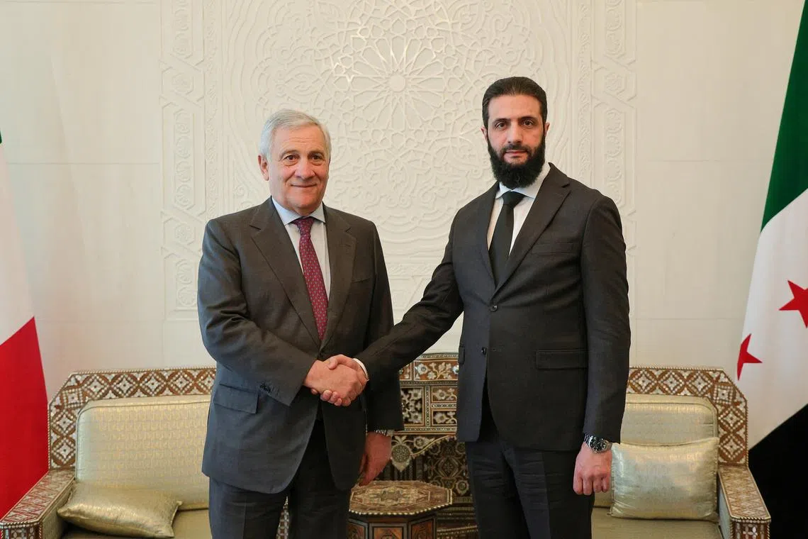FILE PHOTO: Head of Hayat Tahrir al-Sham and Syria's de facto leader, Ahmed al-Sharaa, also known as Abu Mohammed al-Golani meets with Italian Foreign Minister Antonio Tajani in Damascus, Syria, January 10, 2025. Hayat Tahrir Al-Sham/Handout via REUTERS/File Photo
