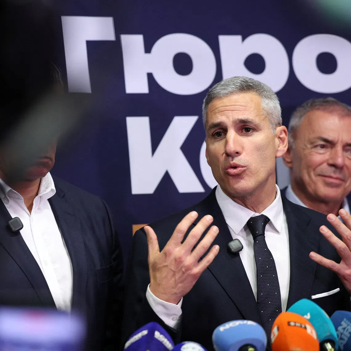 Presidential candidate Andrey Gyurov speaks to the media after exit polls are published during the presidential election, in Sofia, Bulgaria, October 25, 2026. REUTERS/Spasiyana Sergieva