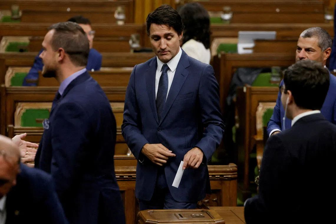 FILE PHOTO: Canada's Prime Minister Justin Trudeau casts his vote during the election of a new speaker in the House of Commons on Parliament Hill in Ottawa, Ontario, Canada October 3, 2023. REUTERS/Blair Gable/File Photo
