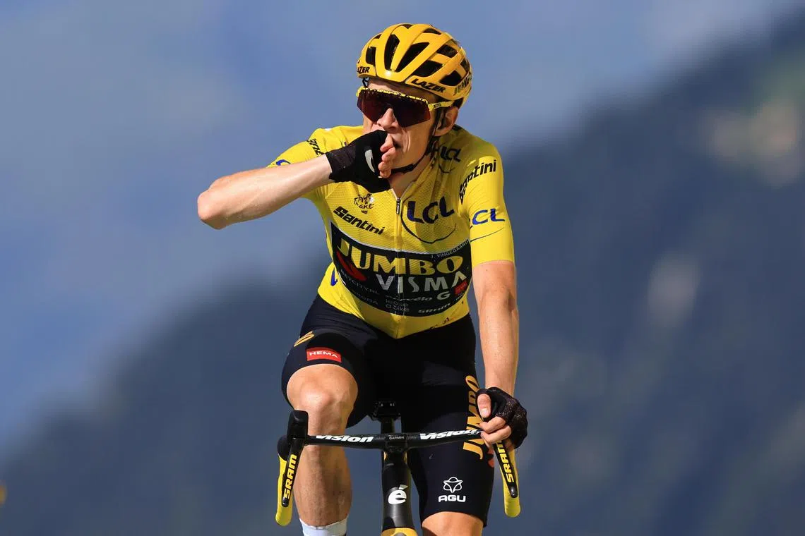 Danish rider Jonas Vingegaard of team Jumbo-Visma reacting after crossing the finish line during the 17th stage of the Tour de France 2023, a 166kms race from Saint-Gervais Mont-Blanc to Courchevel, France, 19 July 2023.  EPA-EFE/MARTIN DIVISEK