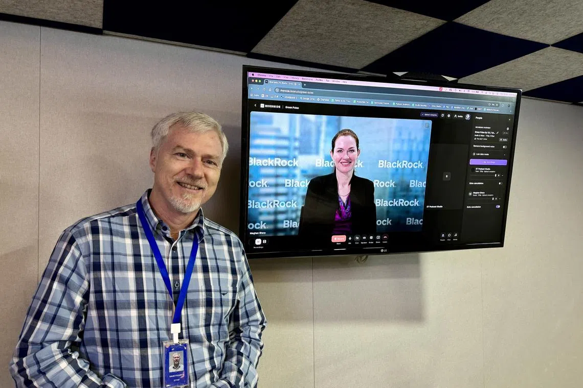 Climate change editor David Fogarty, Meghan Sharp, global head of Decarbonization Partners, Blackrock (on screen) at the podcast studio. 