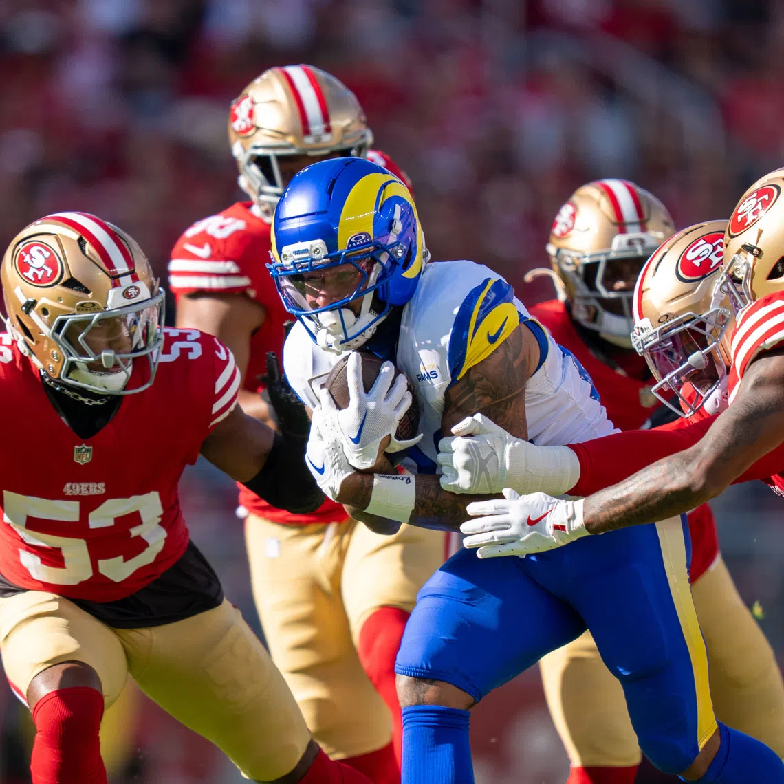 November 9, 2025; Santa Clara, California, USA; Los Angeles Rams running back Kyren Williams (23) during the first quarter against the San Francisco 49ers at Levi's Stadium. Mandatory Credit: Kyle Terada-Imagn Images