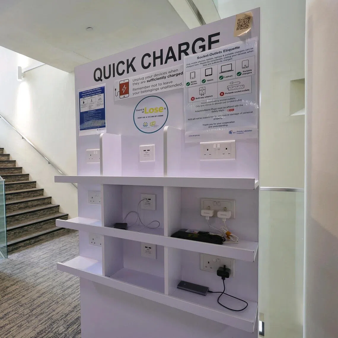 The quick charge counter for mobile devices at Bishan Public Library.