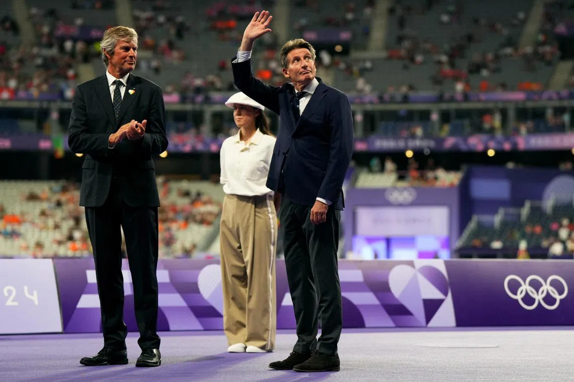 World Athletics president Sebastian Coe about to present the Paris Olympics men's high jump medals at the Stade de France on Aug 10, 2024.